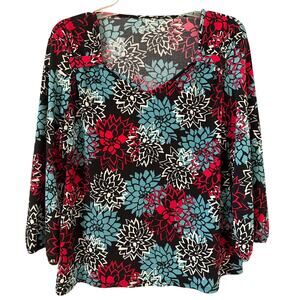 George Large Black Top, Blue Red & White Floral Knit 3/4 Gathered Sleeve Top